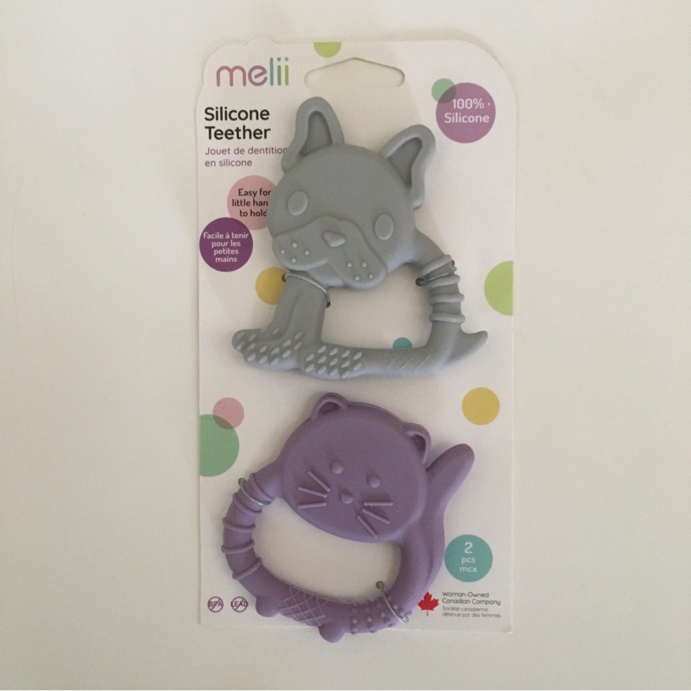 NEW Melii Teether 100% Silicone Purple Cat Gray Dog Easy Grip Little Hands 2 pk